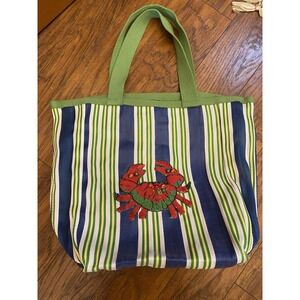 Anthropologie Icon Bucket Beach Tote Bag Crab Beaded Travel Vacay Striped